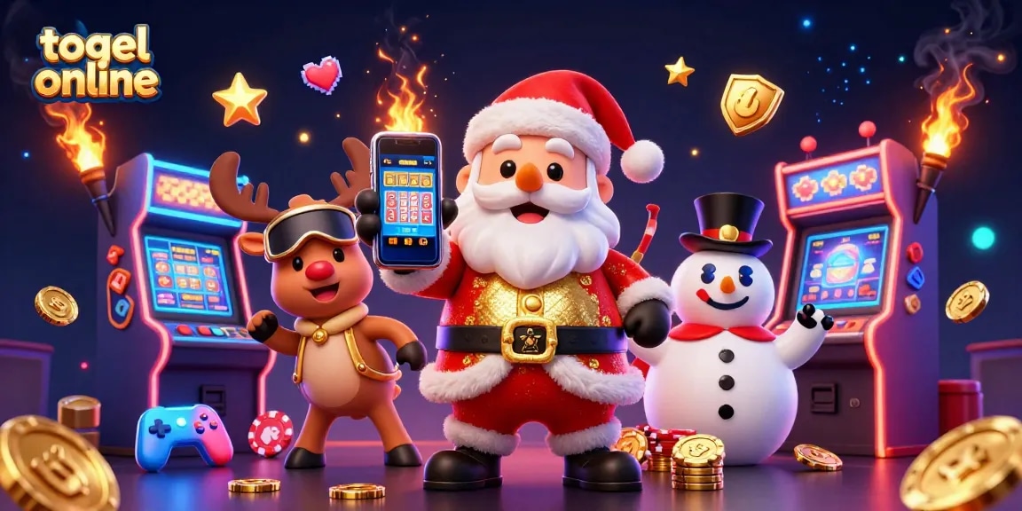Spin to win with togel online in this vibrant 3D illustration featuring Santa and friends.