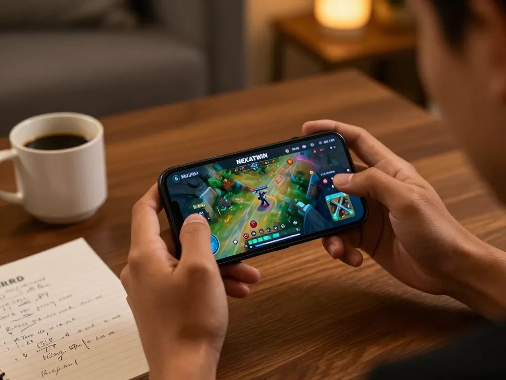 Play NEKATWIN daftar on smartphone showcasing exciting game interface at home.