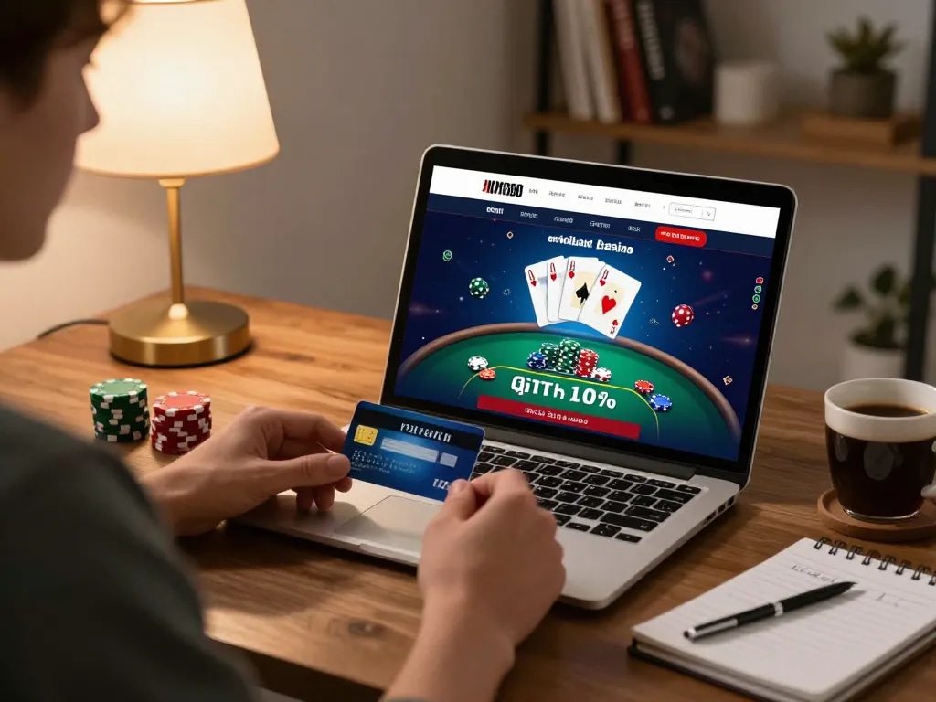 Player engaging with credit card casinos UK on a laptop in a cozy home office setting.