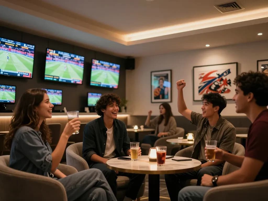 Friends enjoying the excitement of sports betting at 88aa's elegant lounge atmosphere
