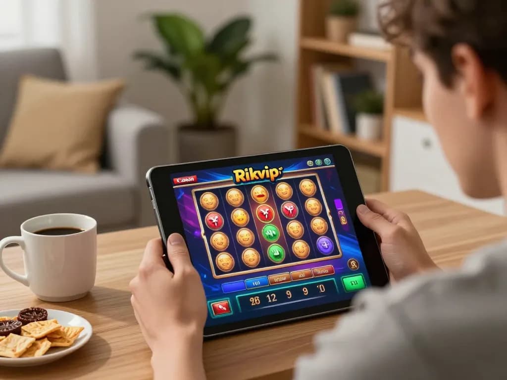 Engaged player experiencing Rikvip's mobile casino app with vibrant slot games.
