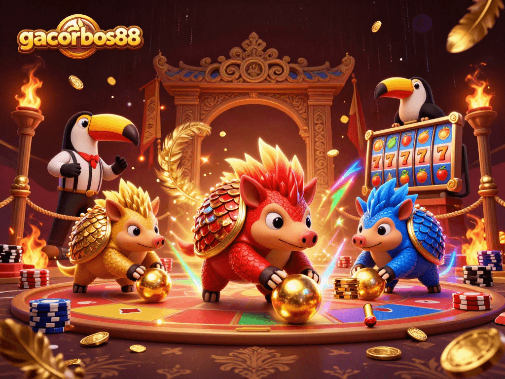 Experience thrilling gameplay with gacorbos88 as pangolins roll poker chips in a vibrant casino scene.