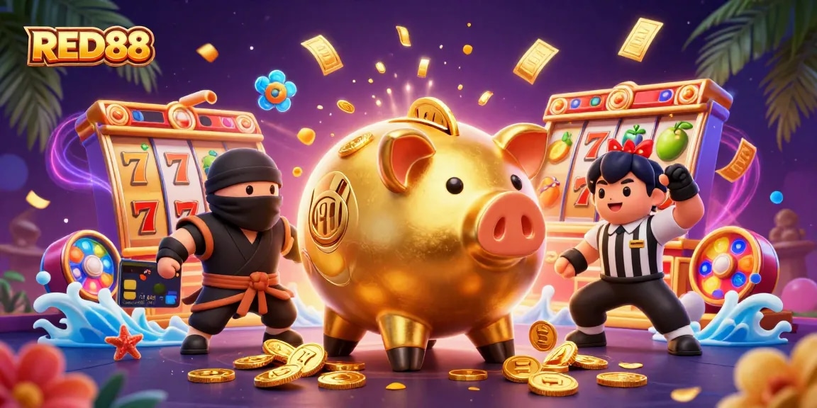 Engage in exciting gameplay at RED88 with a sumo wrestler piggy bank character surrounded by vibrant slot elements.