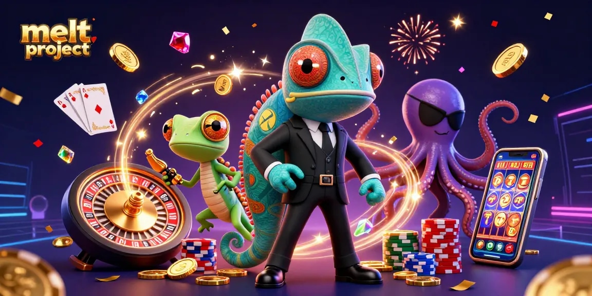 Win at melt-project online casinos with a colorful 3D illustration featuring various dynamic casino game elements.