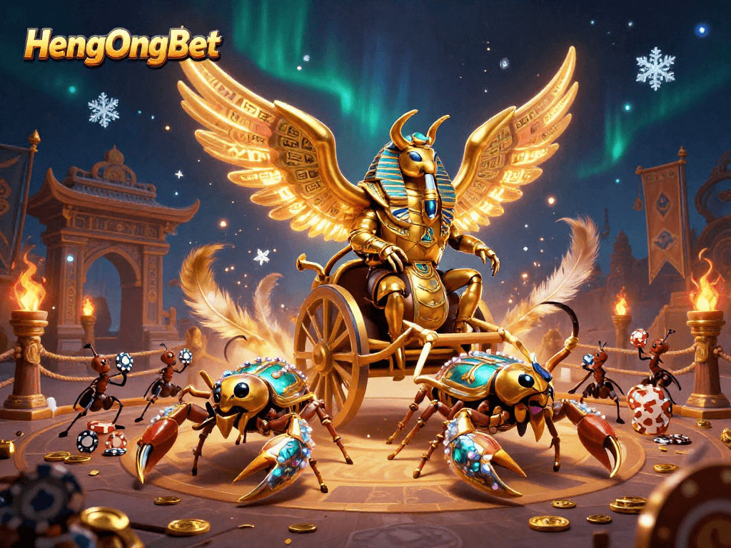 Engage with HengOngBet's thrilling casino experience featuring a golden scarab riding two scorpions amidst dynamic gambling elements.
