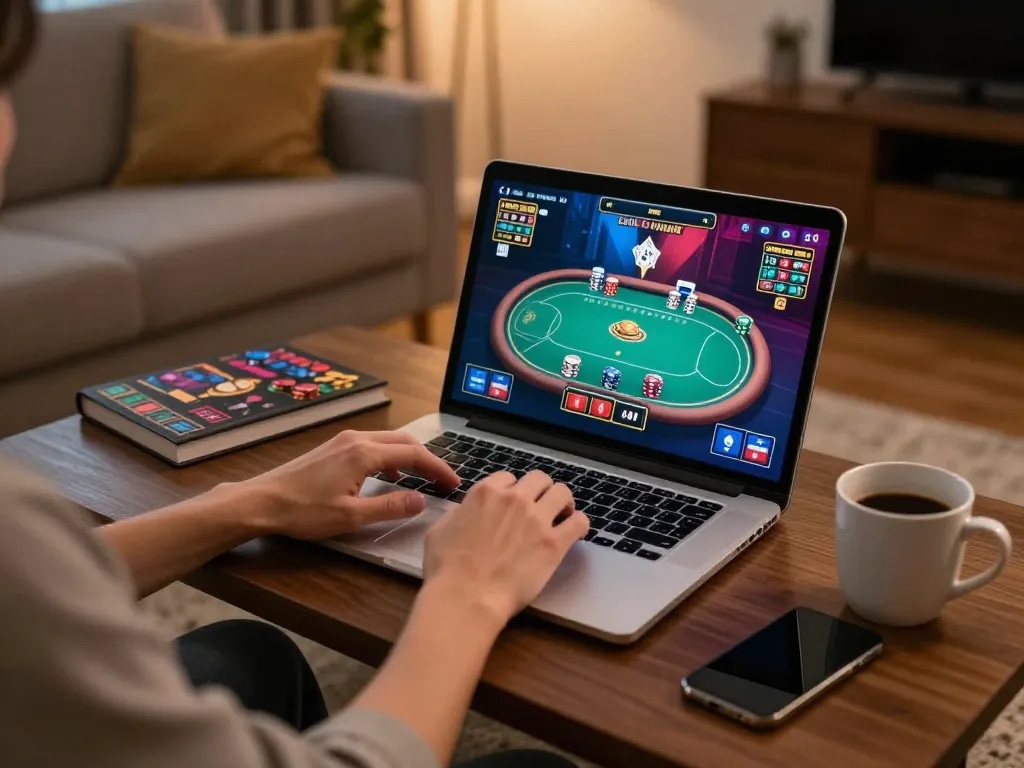 Engaging in strategic online poker gameplay with LV88 on a cozy laptop setup at home.