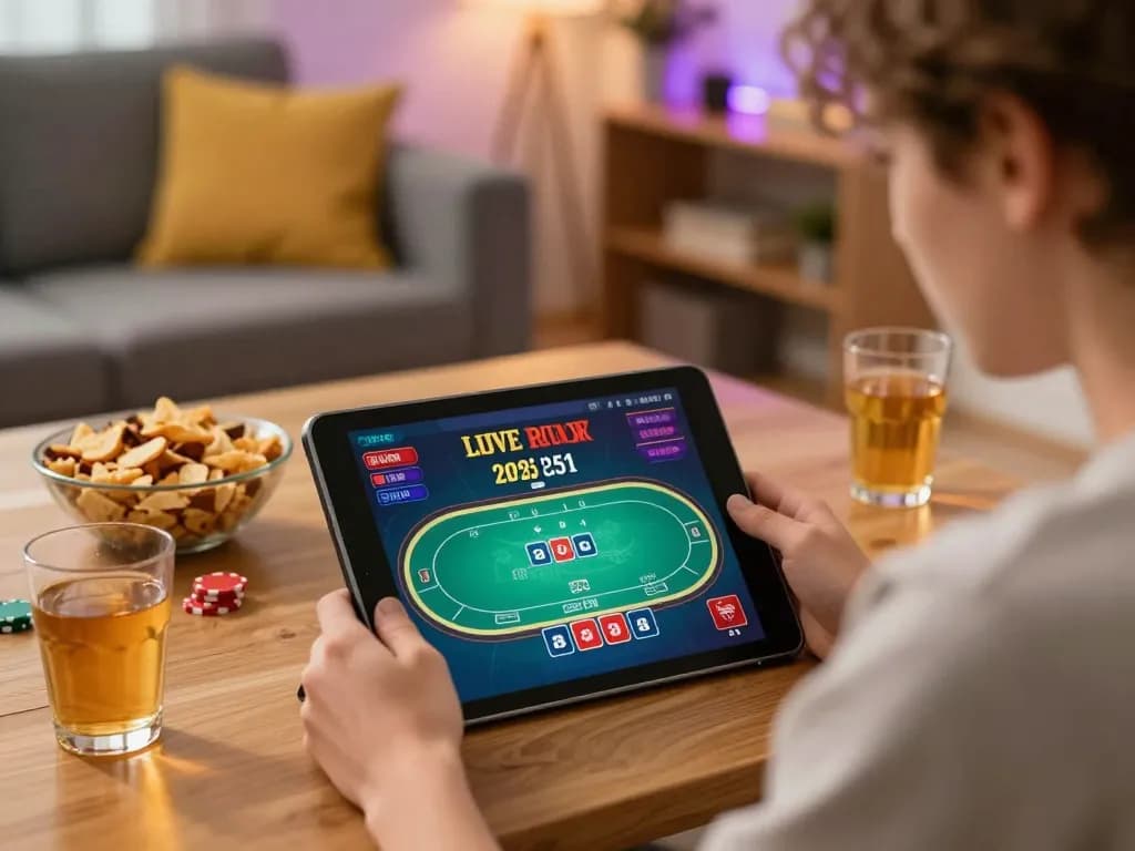 Engaged player enjoying Rikvip poker game on tablet in cozy setting