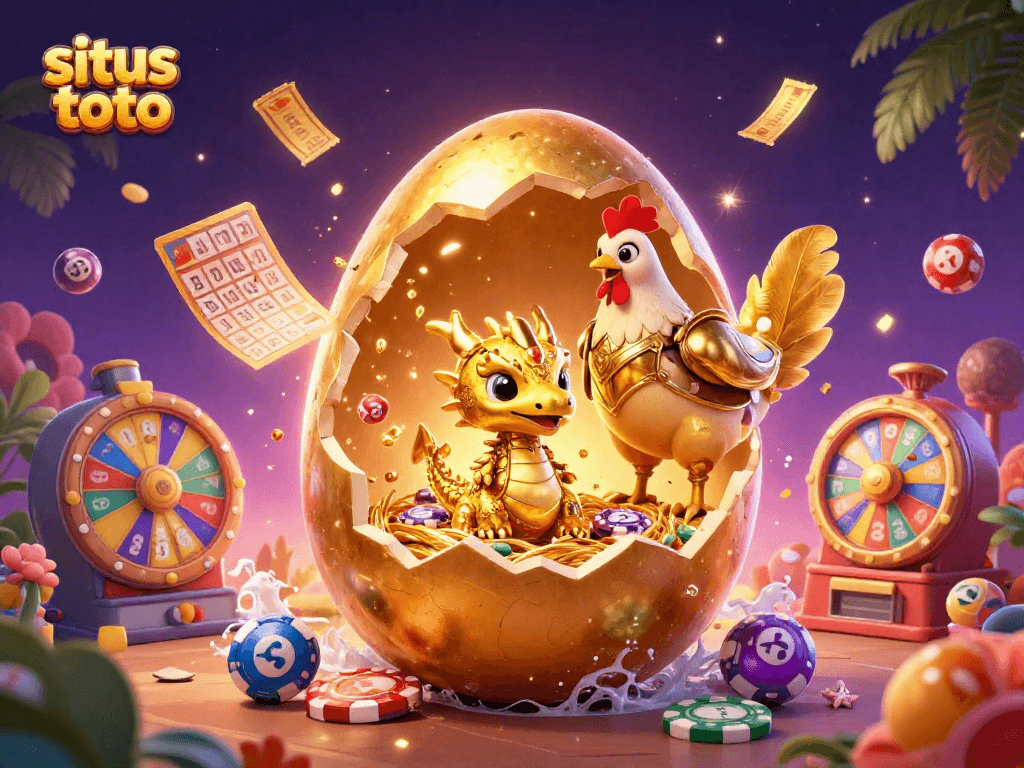 Engage with situs toto, featuring a golden egg and crystalline dragon amidst vibrant lottery elements.