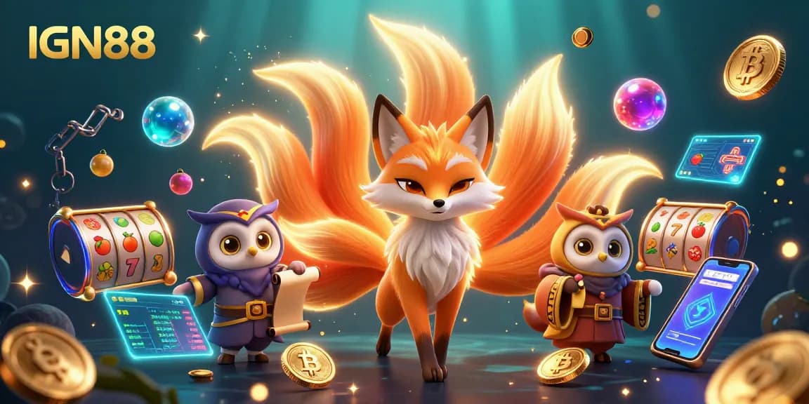 Experience winning strategies with IGN88 featuring a colorful nine-tailed fox in a vibrant casino scene.