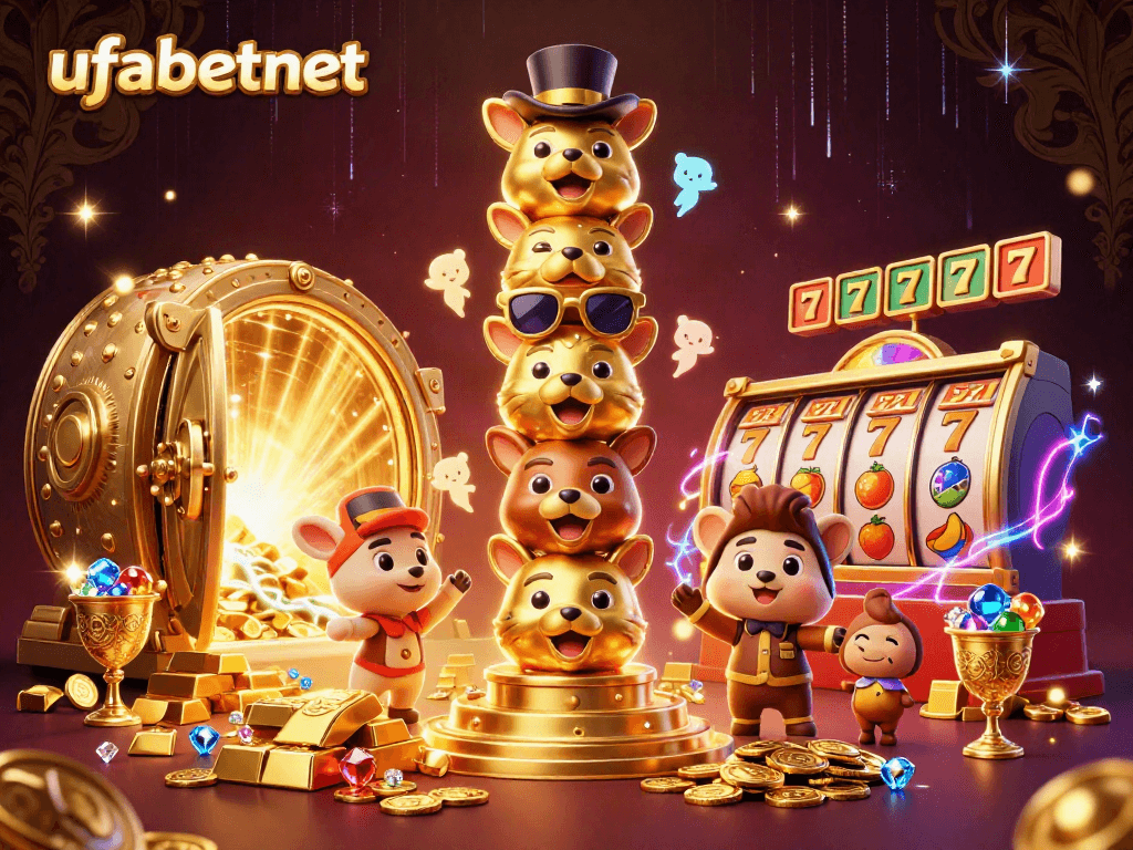 Experience the vibrant ufabetnet casino scene with a lively totem pole and gold treasure elements.