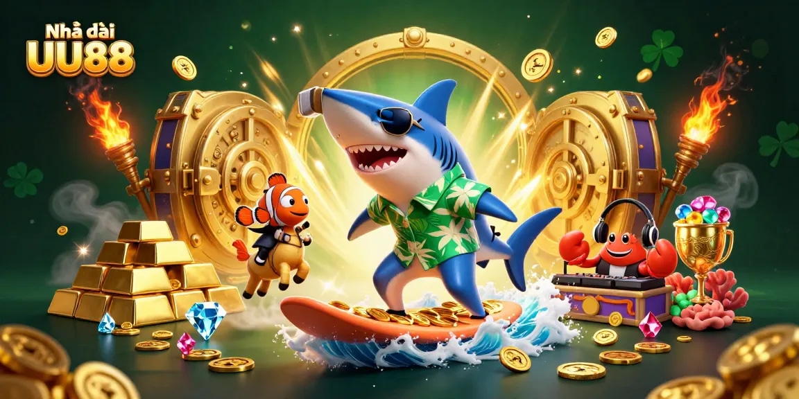 Engage with the vibrant world of Nhà cái UU88 in this lively casino illustration showcasing exciting games and fun.