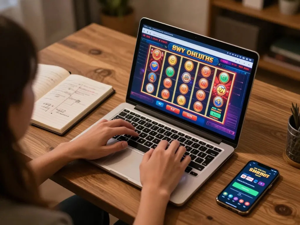 Engaging in online gaming with dinamit4d on laptop in cozy home office, showcasing vibrant casino interface.