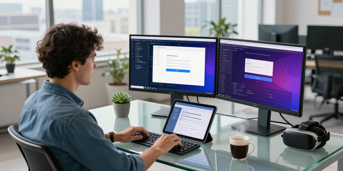 Modern workspace showing coloksgp login development setup with coding screens.