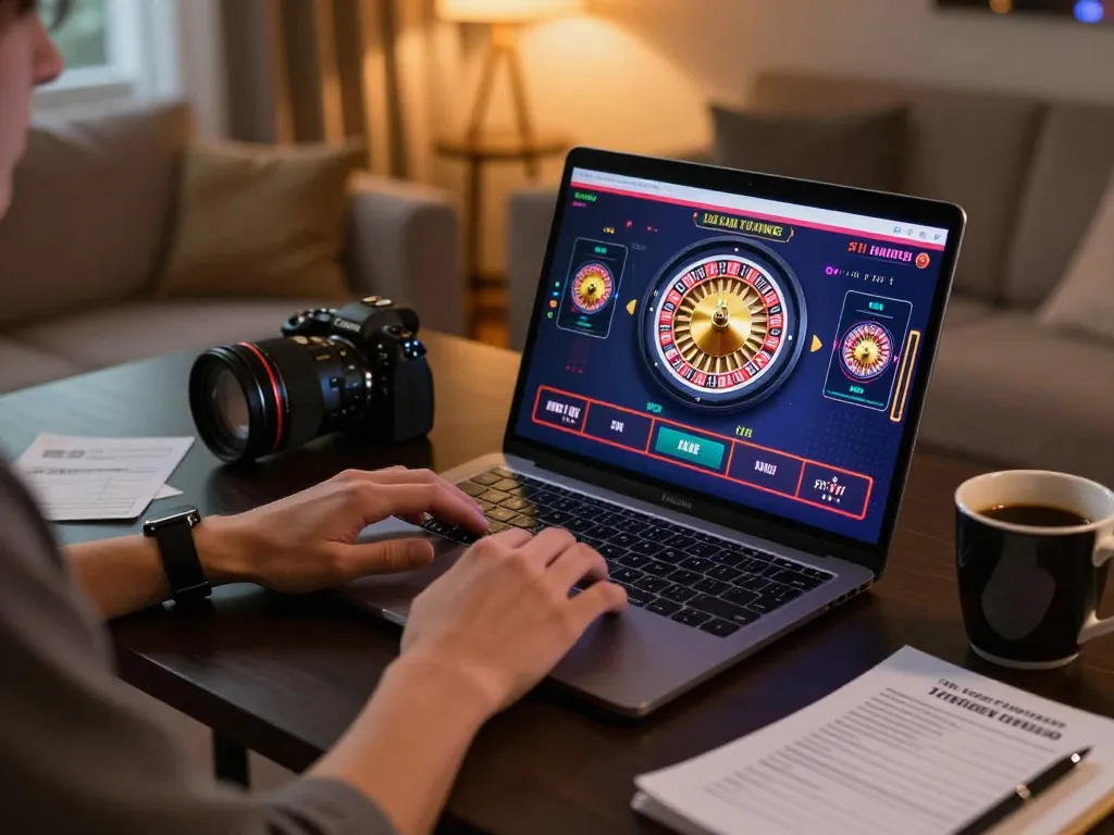 Engaging in online gambling with VN23 using a laptop at home with a cozy atmosphere.