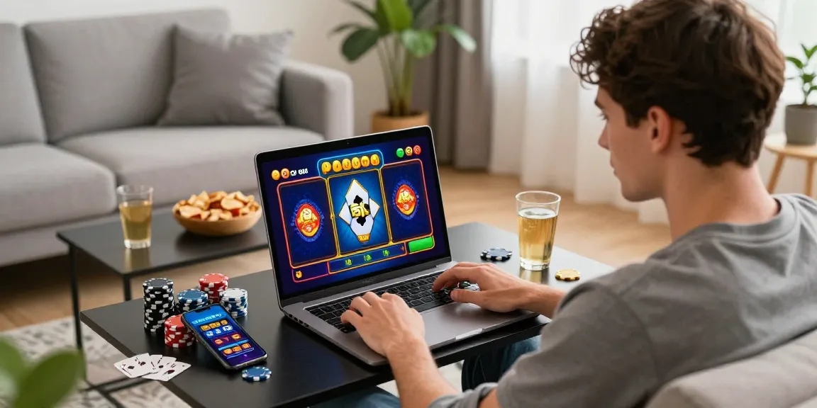 Engaging online gaming atmosphere at home featuring a player with laptop and casino-themed decor, highlighting dea.org.uk.