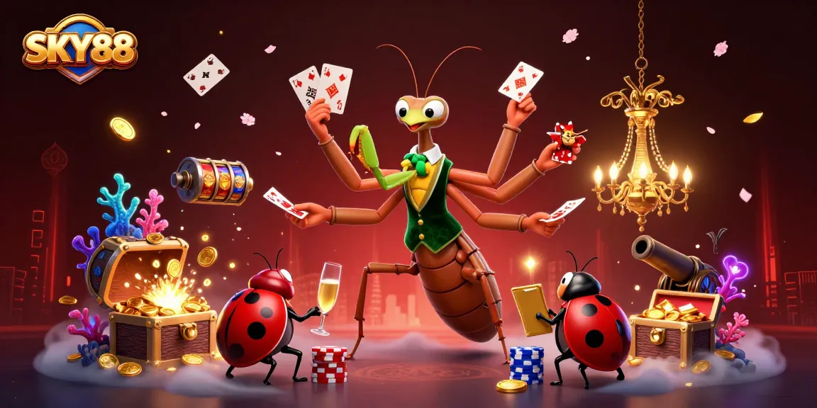 Play exciting casino games at SKY88, featuring lively illustrations with dynamic characters and vibrant casino elements.