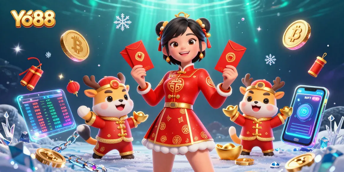 Join the excitement at Yo88 with festive characters, crypto elements, and vibrant casino visuals.