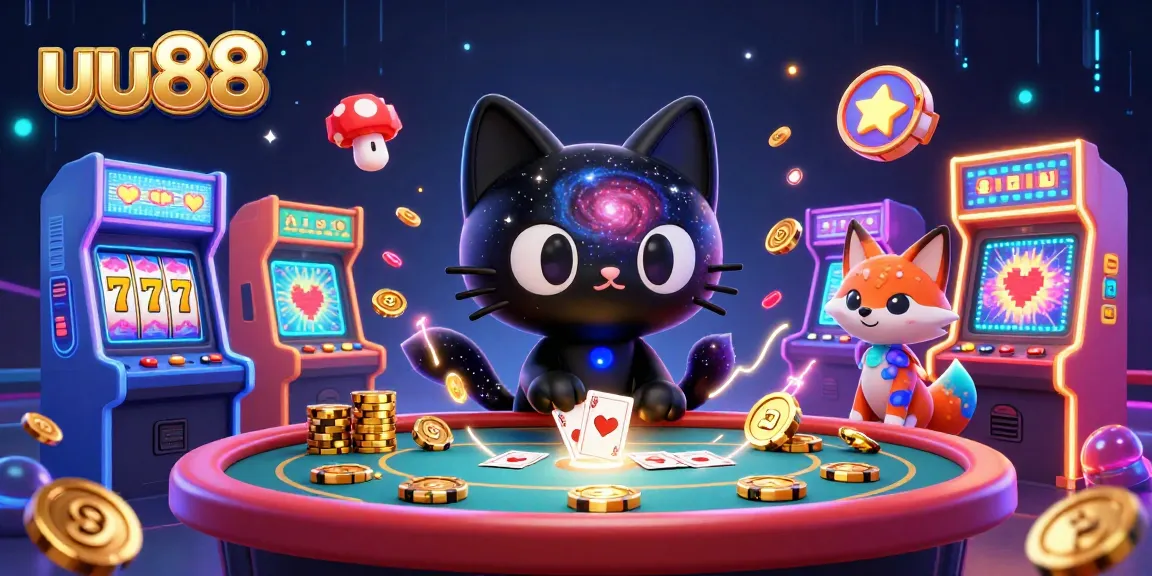 uu88 showcases a cosmic casino scene with a black hole cat and colorful fox, attracting golden chips and slot reels.