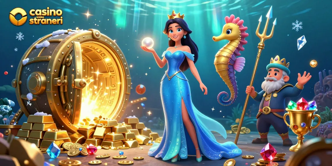 Vivi l'emozione nei casino online stranieri con un'incredibile illustrazione 3D di una donna e del re cavalluccio marino circondati da tesori.
