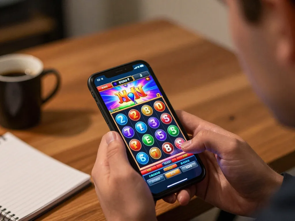 Player enjoying a slot bonus while spinning vibrant online slot reels at home