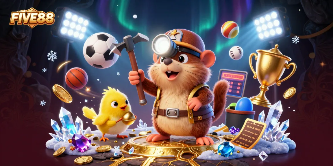 Join the excitement at FIVE88 with a treasure hunter mole and sports elements in a vibrant casino scene.
