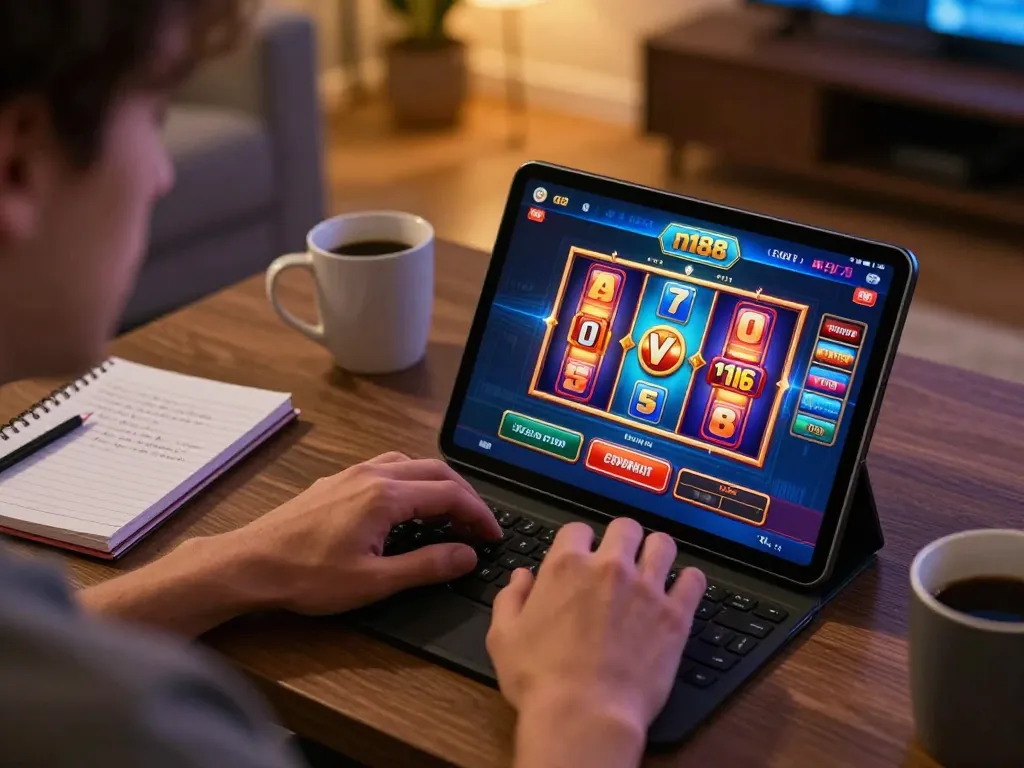 Playing n188 online slots at home with engaging graphics and strategic notes visible