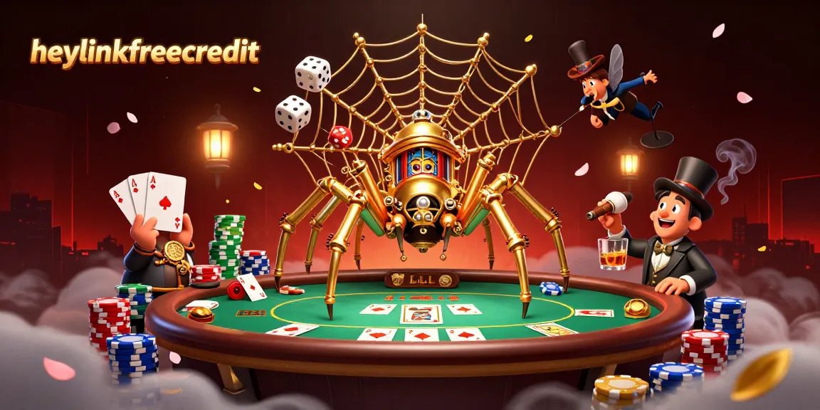 Catch the excitement of heylinkfreecredit in this vibrant steampunk casino scene filled with poker elements.
