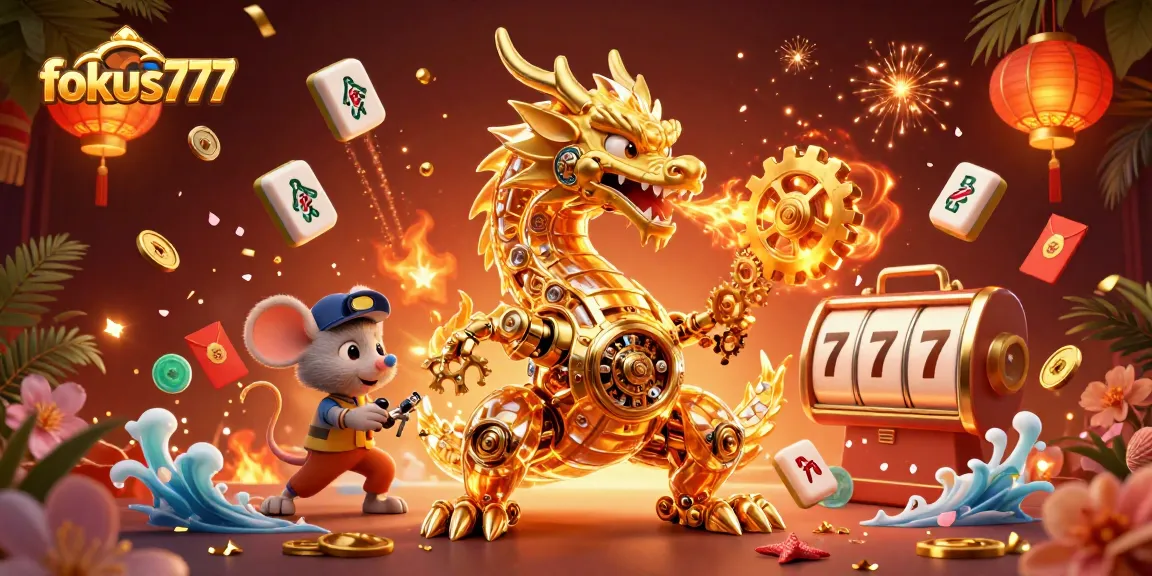 Experience the excitement of fokus777 with a vibrant 3D dragon scene featuring slots and lucky symbols.