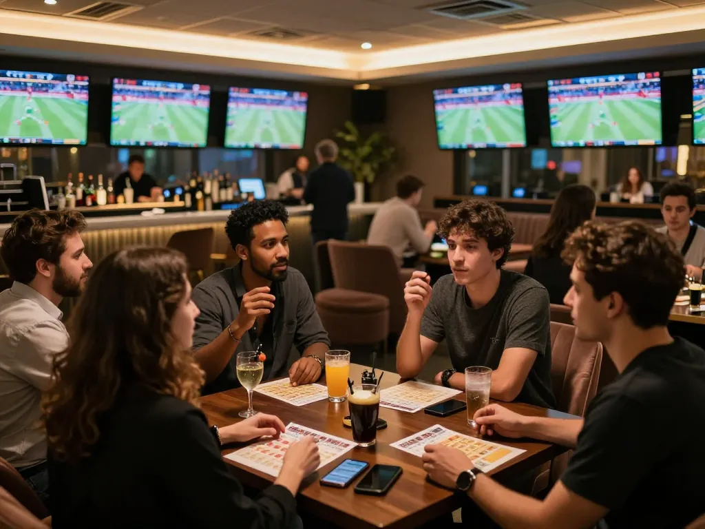 Engaging sports betting scene at uu88, showcasing friends discussing bets in a vibrant casino.