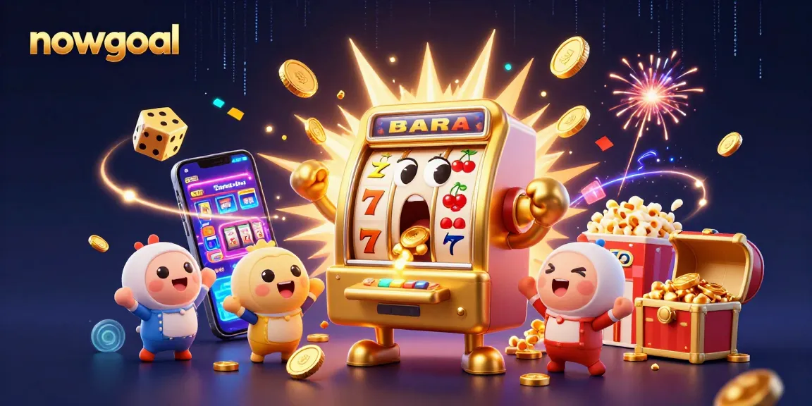 Engage with nowgoal's dynamic slots scene featuring a golden slot machine celebrating a jackpot amidst exploding coins and cheers.