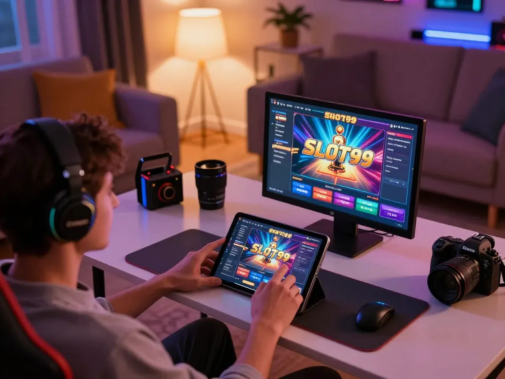 SLOT99 user excitedly interacting with online slots interface on a cozy gaming setup.