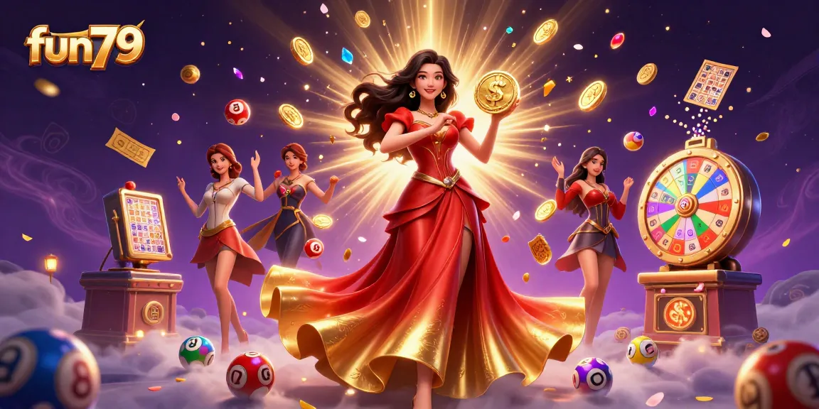 Join the fun79 gaming experience, featuring vibrant lottery elements and a stunning lucky coin.
