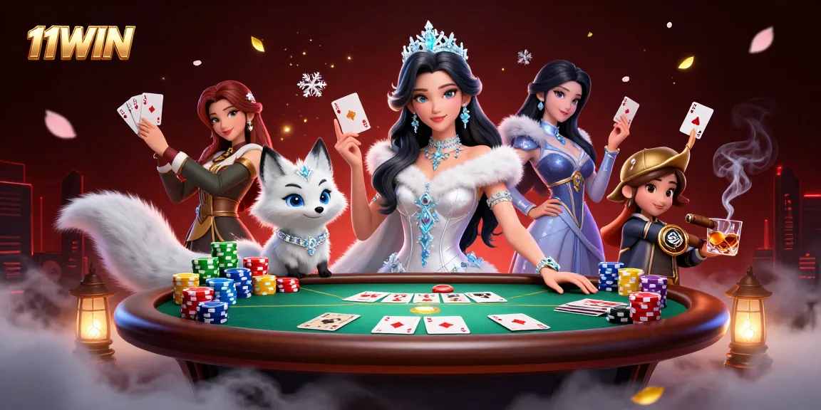 Engage at 11WIN with poker chips, cards, and vibrant casino elements in this dynamic illustration.