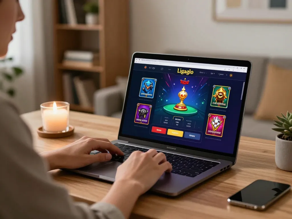 Engaging online gaming session on ligalgo with vibrant graphics and cozy home setting.