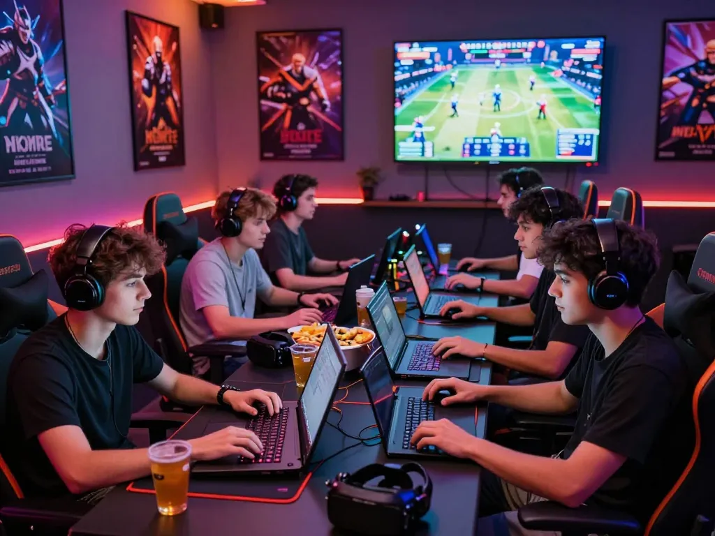 Friends enjoying sultan88 gaming experience in a vibrant lounge setting.