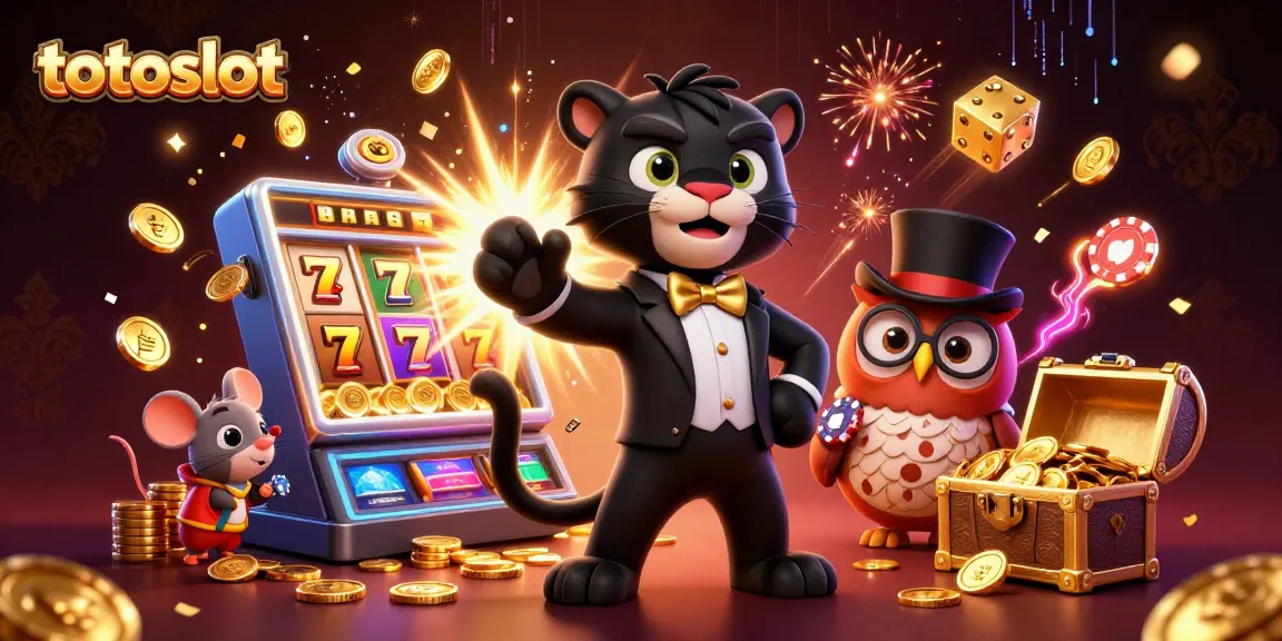Totoslot showcases a vibrant casino scene with animated characters dealing cards and bursting slot machines.