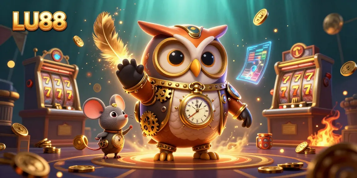 Experience the excitement of LU88 with a stunning 3D scene of steampunk characters and vibrant casino elements.