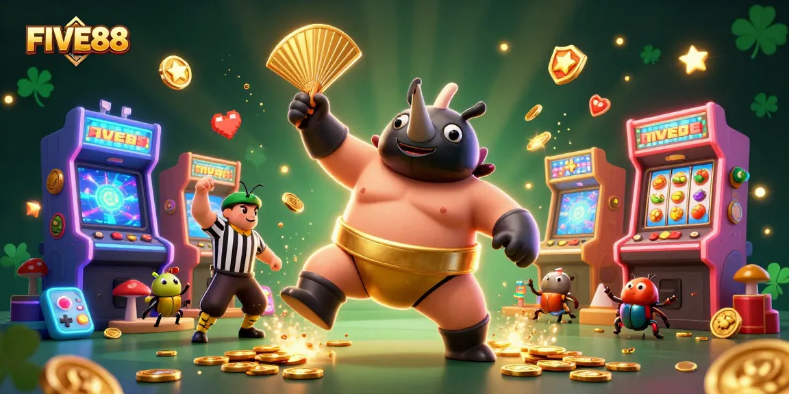 Experience the thrill of winning at FIVE88 with a vibrant 3D scene filled with exciting slots and casino gameplay elements.