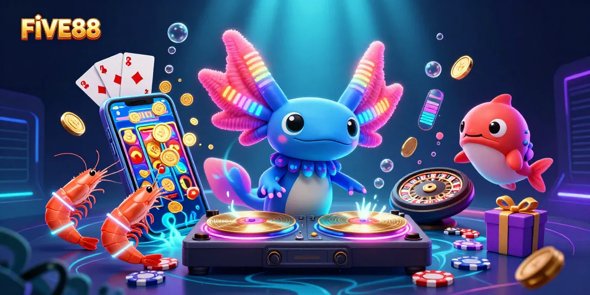 Engage in exciting games at FIVE88 with vibrant casino elements and lively underwater characters.