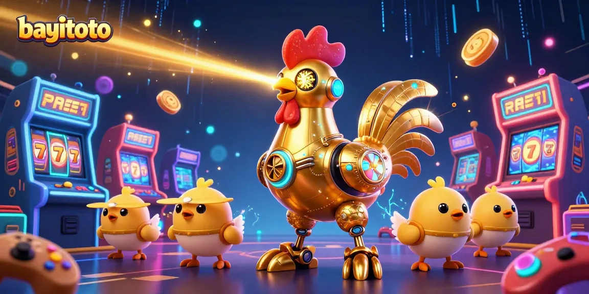Engage with bayitoto's exciting slots and jackpots while a futuristic rooster robot leads the fun!