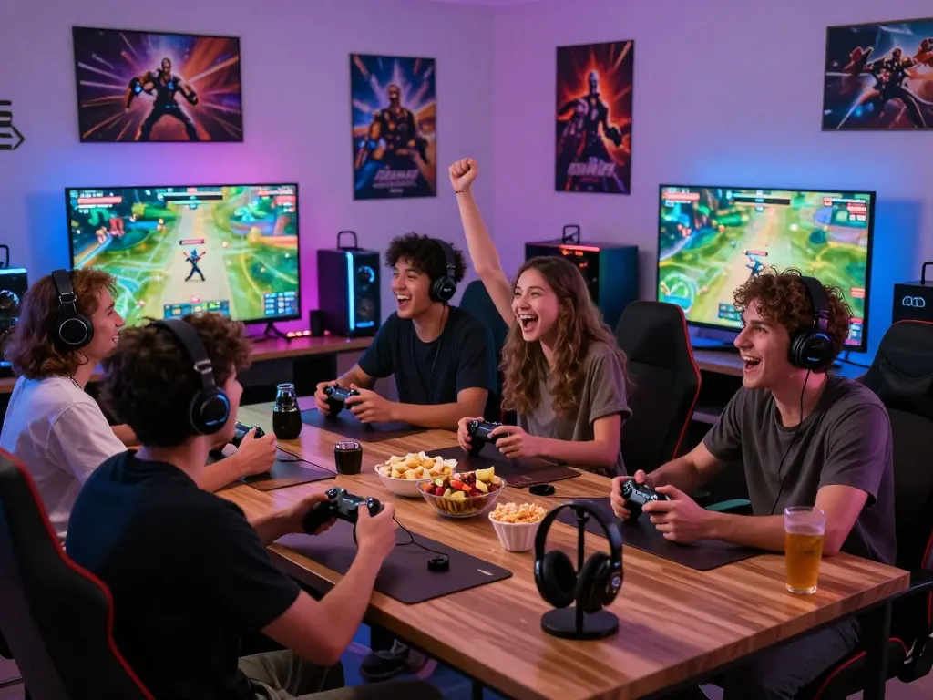 Friends enjoying an exciting gaming night, winstrike69 displayed on the screen creating a vibrant atmosphere.