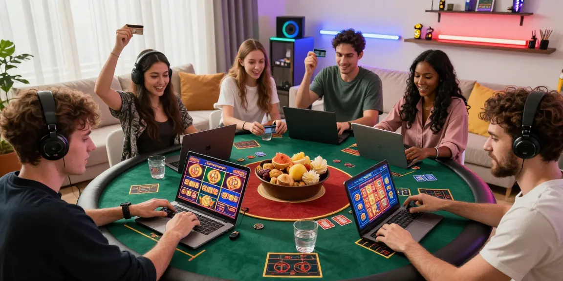 Players enjoying exciting games at credit card casinos in a lively, cozy setting with vibrant decor.