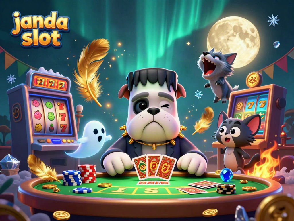 Gambarkan suasana kasino dengan janda slot yang penuh warna, termasuk karakter lucu dan elemen permainan.