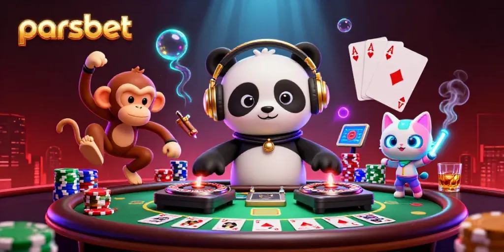 Parsbet temalı 3D çizim: DJ panda, dans eden maymun ve glow stick tutan kediyle eğlenceli bir sahne.