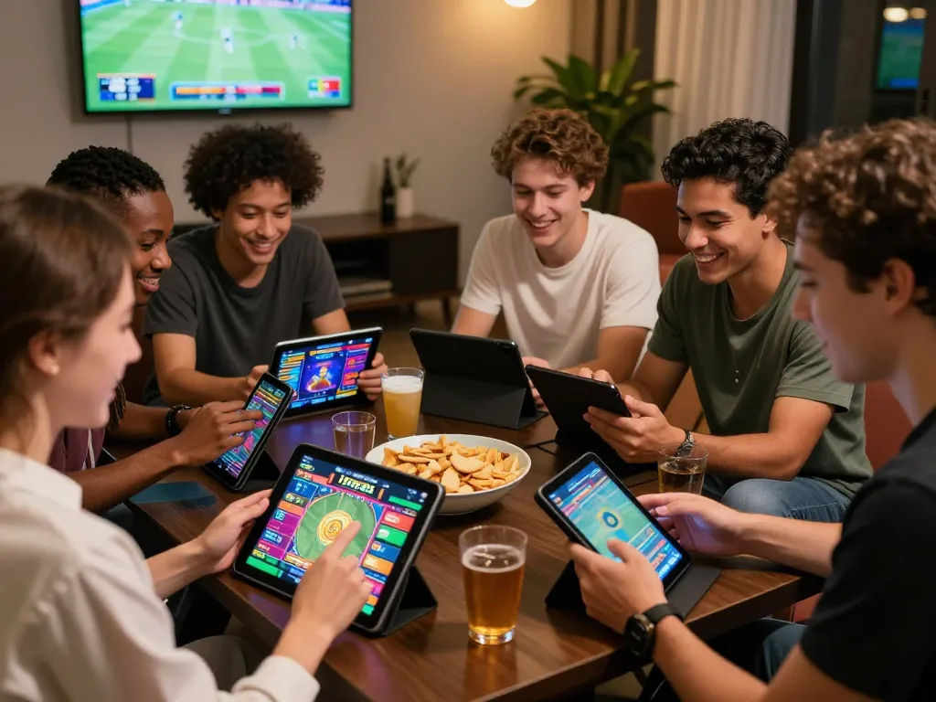 Friends engaging in toto88 online betting games around a coffee table, vibrant atmosphere with devices and snacks.