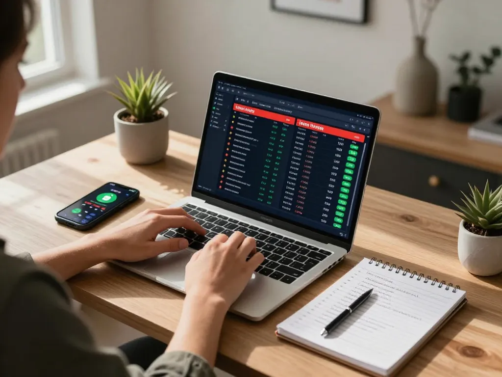 Person actively engaging with kqbd sports betting odds on a laptop in a stylish home office setting