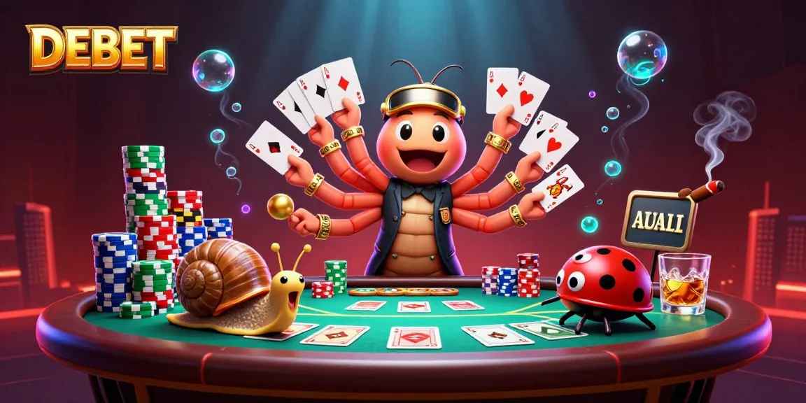 Engage with DEBET at a vibrant poker table featuring a millipede dealer and thrilling gameplay.