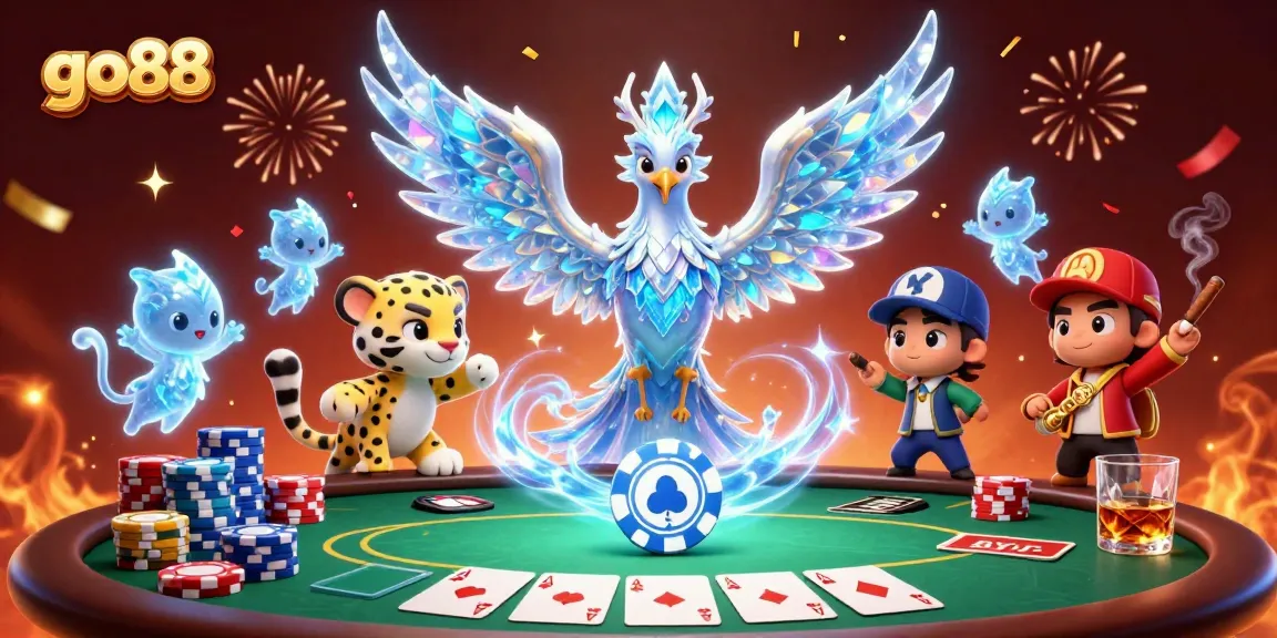 Engage with go88's vibrant 3D representation featuring an ice phoenix and poker elements in a dynamic casino scene.