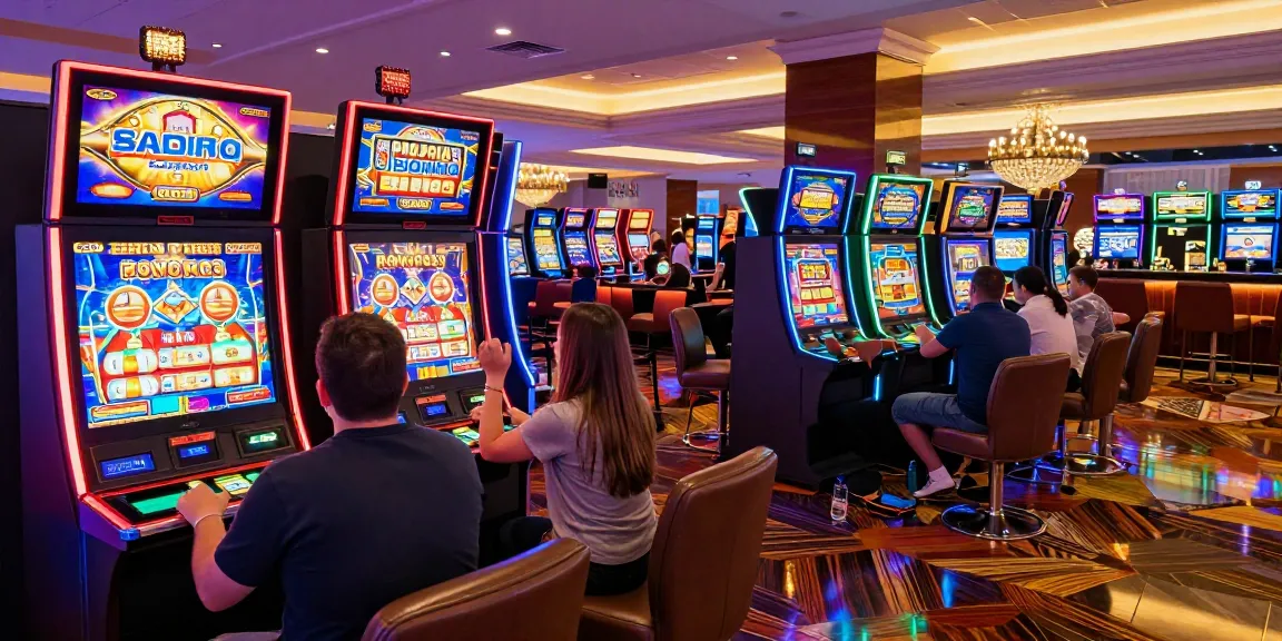 Engaged players enjoying bonus buy slots UK in a vibrant casino with colorful lights.