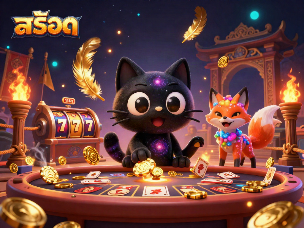 Engage in exciting สล็อต gameplay with a cosmic-themed 3D cat casino show featuring vivid elements.